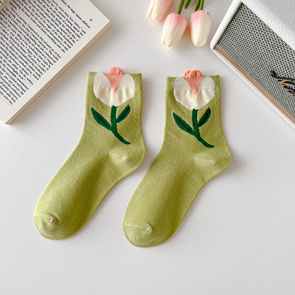 1 Pair Women Socks Japanese Korean Style Cartoon Flower Candy Color Harajuku Kawaii Mid Tube Socks Breathable Casual Short Socks