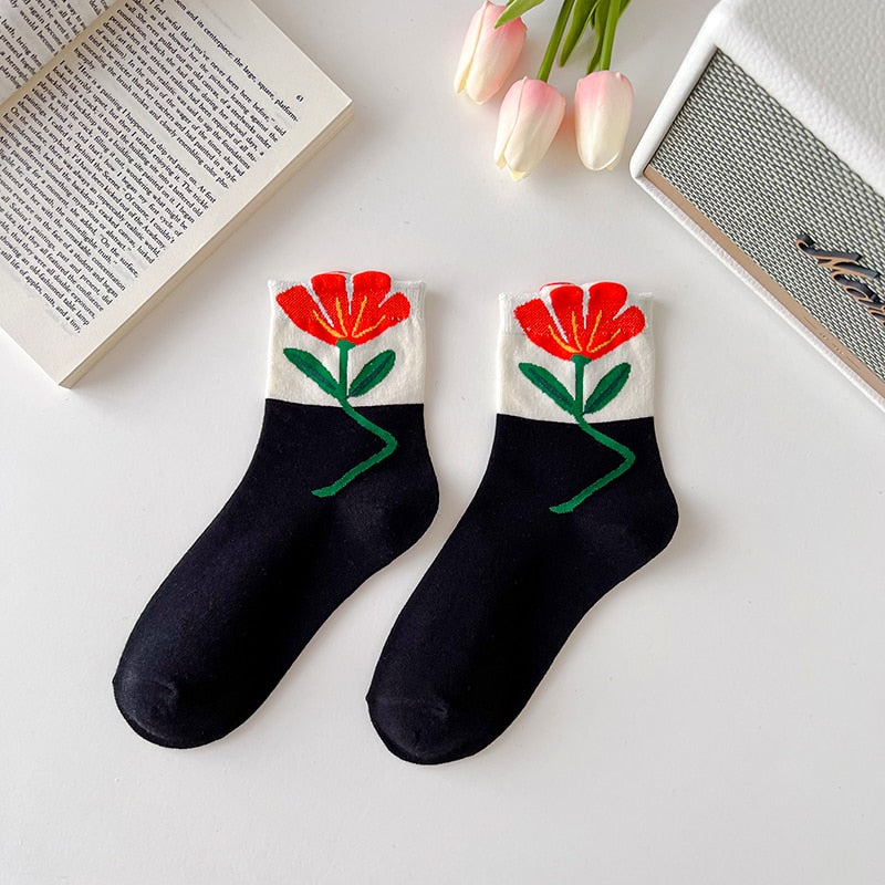 1 Pair Women Socks Japanese Korean Style Cartoon Flower Candy Color Harajuku Kawaii Mid Tube Socks Breathable Casual Short Socks