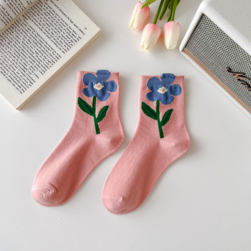 1 Pair Women Socks Japanese Korean Style Cartoon Flower Candy Color Harajuku Kawaii Mid Tube Socks Breathable Casual Short Socks